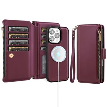 Antsturdy Compatible with Magsafe Magnetic 2 in 1 Detachable iPhone 16 Pro Wallet Case with Credit Card Holder SlotsPU Leather RFID Blocking Phone Cover Wrist Strap Zipper Women MenWine Red