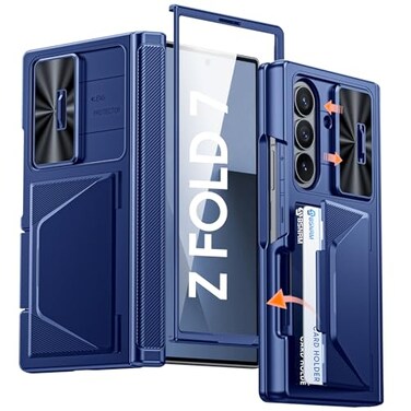 BSNRM for Samsung Galaxy Z Fold 7 Case with Card Holder RFID Blocking Built in Slide Lens Cover Hinge Protection Screen Protector Shockproof Wallet Case for Z Fold 7 Sapphire Blue