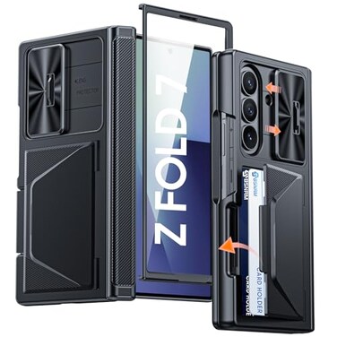 BSNRM for Samsung Galaxy Z Fold 7 Case with Card Holder RFID Blocking Built in Slide Lens Cover Hinge Protection Screen Protector Shockproof Wallet Case for Z Fold 7 Black