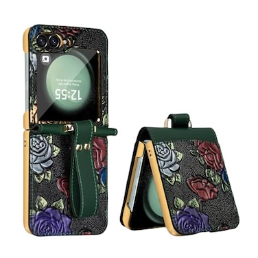 MistWorld Leather Flower Embossed Case for Samsung Galaxy Z Flip6 2024 HingeFront Screen ProtectorLanyardElectroplated Shiny BezelShock Absorbing Z Flip 6 Womens Case Green z flip 6