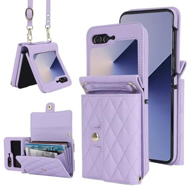 XIMAND for Samsung Galaxy Z Flip 6 Accordion Crossbody Wallet Case 4 Card Slots RFID Blocking and Adjustable Strap Stylish and Versatile Accessory for The Modern Chic Woman Purple