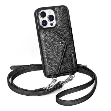 LUCKYCOIN Crossbody Phone Case for iPhone 14 Pro100 Genuine Leather Phone Wallet Case for Women Premium HandsFree Phone Purse with Expandable Flip Card Holder Adjustable Strap Pebble Black