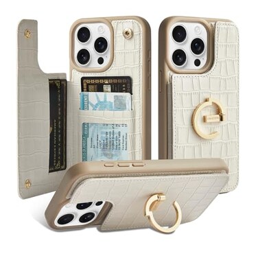 CUSTYPE for iPhone 16 Pro Max Wallet Case with Card Holder180Ring Holder Kickstand Card SlotsPU Leather Protective Case for iPhone 16 Pro Max 69inchBeige
