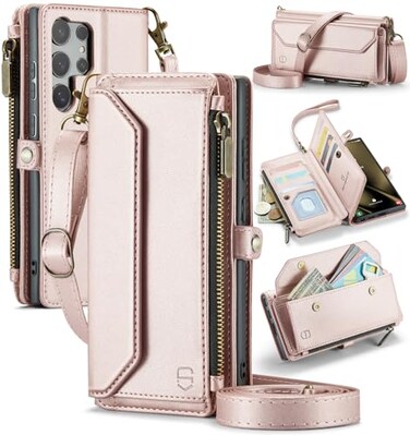 Strapurs Wallet Case Compatible with Samsung Galaxy S25 Ultra 5G RFID Blocking 10Card Holder Soft PU Leather Magnetic Snap Strap Zipper Pocket Phone Case Fit for Galaxy S25 Ultra Rose Gold