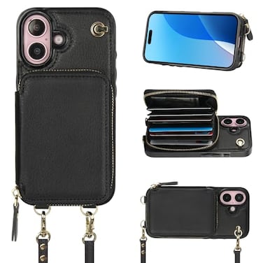 Bocasal Crossbody Wallet Case for iPhone 16 RFID Blocking Leather Purse Case with Card Holder Protective Handbag Flip Cover with Zipper Wrist Strap Lanyard for Women 5G 61 Inch Black