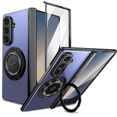 XIMAND for Samsung Galaxy Z Fold 7 Case with Magnetic Ring Holder 360 Rotating Bracket Hinge Protection Builtin Front Screen Protector Slim AntiDrop Shockproof CaseBlue