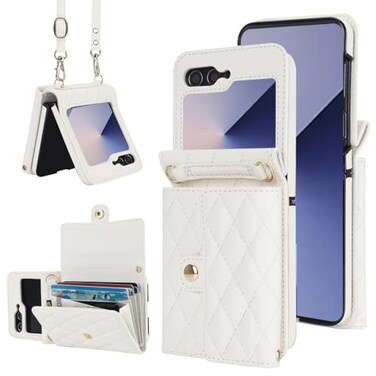 XIMAND for Samsung Galaxy Z Flip 6 Accordion Crossbody Wallet Case 4 Card Slots RFID Blocking and Adjustable Strap Stylish and Versatile Accessory for The Modern Chic Woman White