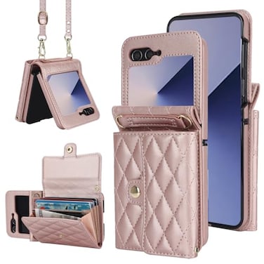 XIMAND for Samsung Galaxy Z Flip 6 Accordion Crossbody Wallet Case 4 Card Slots RFID Blocking and Adjustable Strap Stylish and Versatile Accessory for The Modern Chic Woman Rose Gold