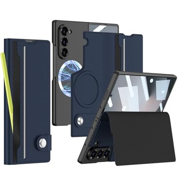 XIMAND for Samsung Galaxy Z Fold 6 Leather Case with Card Slots Kickstand AntiShock Magnetic Buckle Compatible with Magsafe Magnetic Wireless ChargingBlue