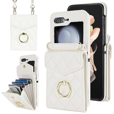 XIMAND for Samsung Galaxy Z Flip 6 Wallet Phone Case with Ring and Adjustable Crossbody Strap Stylish and Mutifuntional Accordion Style Flip Case with 4 Card Slots White