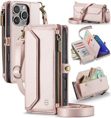 Strapurs Wallet Case Compatible with iPhone 16 Pro Max 69 RFID Blocking 10Card Holder Soft PU Leather Magnetic Snap Shoulder Strap Zipper Pocket Phone Case Fit for iPhone 16 Pro Max Rose Gold