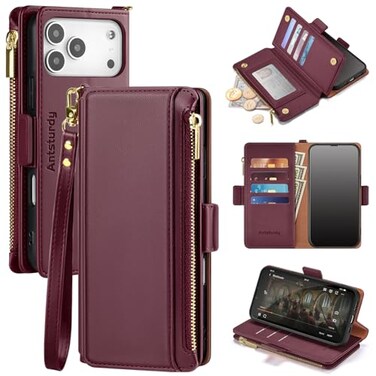 Antsturdy Compatible with iPhone 17 Pro Max Wallet Case WomenRFID Blocking PU Leather Phone Case Men Kickstand Flip Cover Wrist Strap Zipper Credit Card Holder Slots for Apple 17 Pro MaxWine Red