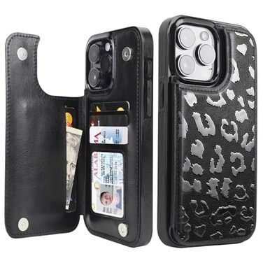 uCOLOR Compatible with iPhone 15 Pro Max 67 Wallet Case with Card Holder Slot Folio Flip Leather Kickstand Magnetic Clasp RFID Blocking Design Cover 15PM 67 Inch Black Leopard