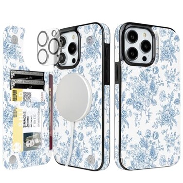 uCOLOR for iPhone 15 Pro Max 67 Wallet Case Magsafe with Card Holder SlotCompatible with MagSafe Folio Flip PU Leather Double Magnetic RFID Design with Camera Lens Protector Blue Floral