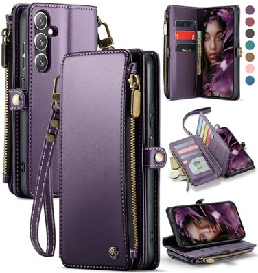 Defencase Compatible with Galaxy A16 5G Case Wallet with RFID Blocking Card Holder for Women and Men PU Leather Magnetic Snap Flip Zipper Strap Wallet Phone Case for Samsung Galaxy A16 5G Purple