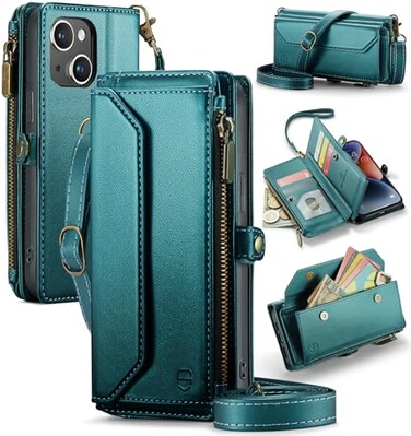 Strapurs Wallet Case Compatible with iPhone 13 RFID Blocking 7Card Holder Soft PU Leather Magnetic Snap Shoulder Strap Zipper Pocket Phone Case Fit for iPhone 13 for Women 61 Blue Green