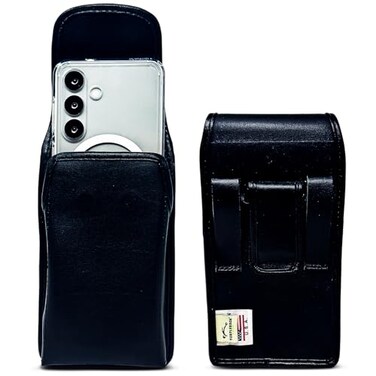 Turtleback Phone Holster for Galaxy S26 Galaxy S25 to Galaxy S20 Leather Vertical Case with Black Leather Wrapped Clip with Belt Loops Magnetic Closure Fits Slim Protective Cases