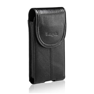 Hengwin Genuine Leather Cell Phone Holster for Belt Men Vertical Phone Holder Belt Pouch Fits for iPhone 15 Pro Max 14 Pro Max 13 Pro Max Samsung Galaxy S24 Ultra Note9 Case with Belt Clip Black