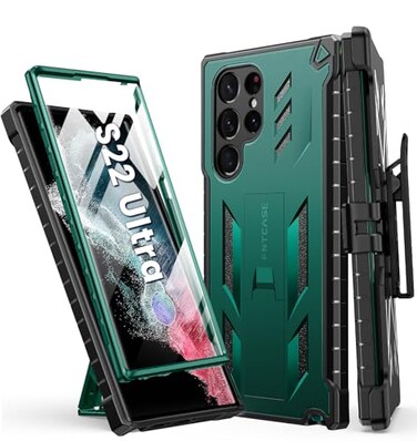 FNTCASE for Samsung Galaxy S22 Ultra Case Builtin Screen Protector Kickstand BeltClip Holster FullBody Dual Layer Rugged Shockproof Protective Phone CoverJade Green