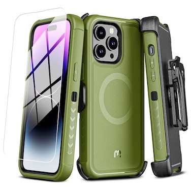 M MYBAT PRO Maverick Series iPhone 14 Pro Max Case with Belt Clip HolsterwScreen ProtectorAntiDropShockproofwith 360Rotating KickstandHeavy Duty Protection Army Green