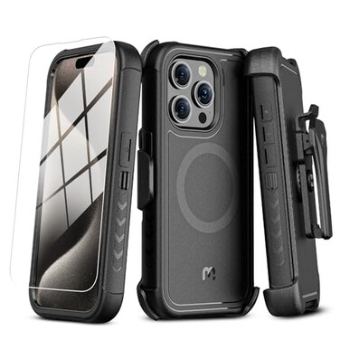 M MYBAT PRO Maverick Series for iPhone 15 Pro Max Case with Belt Clip HolsterCompatible with Magsafe wScreen ProtectorAntiDropShockproofwith 360Rotating KickstandHeavy Duty Protection