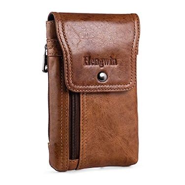 Hengwin Phone Holster Belt Case with Belt Clip Genuine Leather Belt Pouch Cell Phone Holder Fit for iPhone 16 Plus 15 Pro Max 14 Pro Max Samsung Galaxy S25 Plus Fit Cellphone with Case On Brown