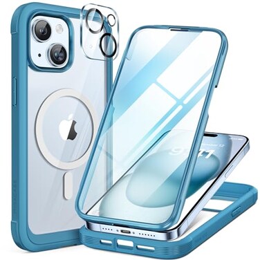 Miracase Glass Series for iPhone 15 Case Compatible with MagSafe FullBody Magnetic Bumper Case with Builtin 9H Tempered Glass AntiFingerprint Screen Protector Camera Lens Protector Sea Blue