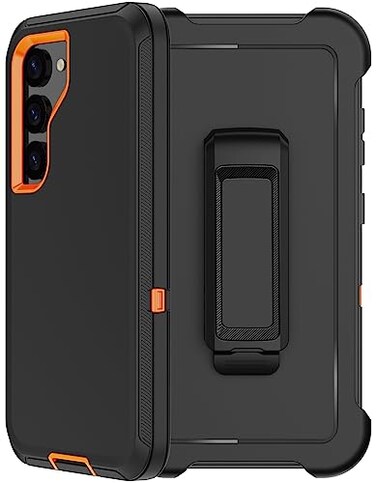 RubCase for Samsung Galaxy S23 Case with Belt Clip Holster 2 x Screen Protector Heavy Duty Military Grade Full Body Shockproof DustProof Rugged Protective Cover for Samsung S23 5G Black Orange