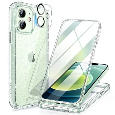 Miracase Glass Series for iPhone 1212 Pro Case 61 inch Upgraded FullBody Rugged Phone Bumper Case Cover with Builtin 9H Tempered Glass Screen Protector and Camera Protector Clear Glitter