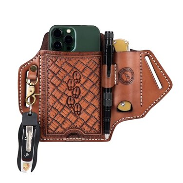 TOURBN Tourbon Leather Cell Phone Holster with Belt Loop Case Tool EDC Folding Knives Sheath Pencil Slot Holder Key Clip for Men