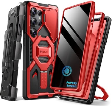 TONGATE Magnetic Stand for Samsung Galaxy S25 Ultra Case with Privacy Screen Protector Compatible with Magsafe Military Drop Protection S25 Ultra Case with Camera Cover Belt Clip Red Privacy