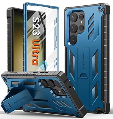 FNTCASE for Samsung Galaxy S23Ultra Case Military Grade Drop Proof Protection Mobile Cover with Kickstand Matte Textured Rugged Shockproof TPU Protective Sturdy Phone Case Blue