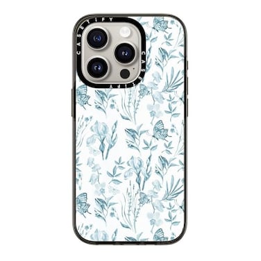 CASETiFY Compact iPhone 15 Pro Case 4 ft 2X Military Grade Drop ProtectionSlimLightweight Elegant Pastel Blue Vintage Butterfly Floral Clear Black