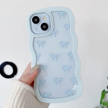 QLTYPRI Bow Case for iPhone 15 Clear Cute Ribbon Bow Phone Case Curly Wavy Aesthetic Phone Case Slim Soft Transparent Shockproof Protective Cover for Women Girls Light Blue