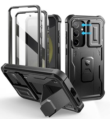 Dexnor for Samsung Galaxy S24 Case with Builtin Slide Camera Cover Screen Protector Kickstand HeavyDuty Shockproof Rugged Case FullBody Bumper Protective Cover for Galaxy S24 2024Black