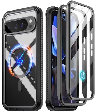 Poetic Guardian MagPro Case for Google Pixel 9 Pro XL 5G Compatible with MagSafe Fingerprint ID 2 Front Frame FullBody Shockproof Clear Cover with Builtin Screen Protector BlackClear