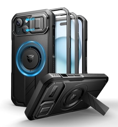 Dexnor for iPhone 15 Case with Slide Camera Cover Adjustable Kickstand Builtin Screen Protector Magnetic Rugged Shockproof Bumper Cases HeavyDuty Magnetic Protective CoverBlack