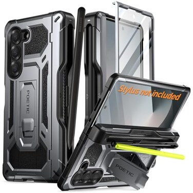 Poetic Spartan Case for Galaxy Z Fold 6 Hinge ProtectionKickstandCompatible with Fold 3456 S Pen FullBody Protective Rugged Cover with Pencil Holder Screen Protector Metallic Gun Metal
