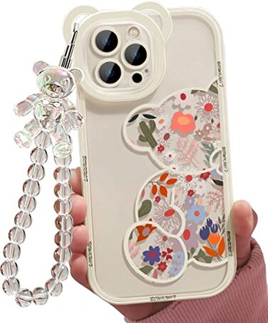 Shinymore Compatible with iPhone 11 Pro Max CaseCute Clear Flowers Bear Camera Protector with Lovely Strap Bracelet Chain Girls Women Cover