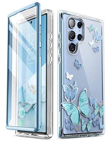 i-Blason iBlason Samsung Galaxy S22 Ultra 5G Case 2022 Case with Built in Screen Protector Cosmo Series Glitter Pattern Slim Full Body Protection 360 Shockproof Blue Butterfly