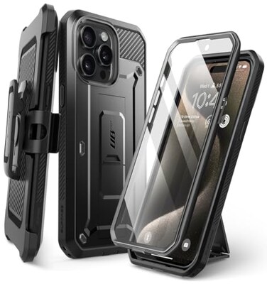 SUPCASE for iPhone 15 Pro Case with Stand BeltClip Unicorn Beetle Pro Builtin Screen Protector MilitaryGrade Drop Protection FullBody Heavy Duty Rugged Phone Case Black