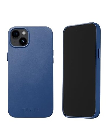 Mujjo Leather Phone Case Fits iPhones 15 Plus and 14 Plus MagSafe Compatible Premium European Leather Camera Lens Protection Crafted with Recycled Materials Slim Profile Monaco Blue