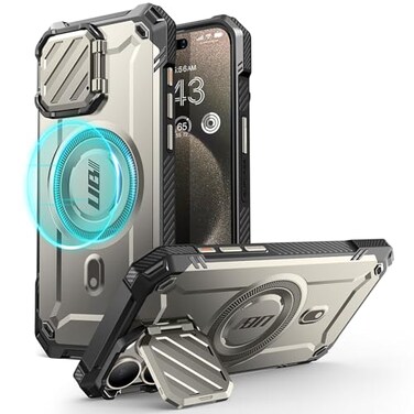 SUPCASE for iPhone 15 Pro Max Case with Camera Cover Stand UBMag XT Compatible with MagSafe Builtin Kickstand MilitaryGrade Protection Heavy Duty Rugged Magnetic Phone Case TiGray