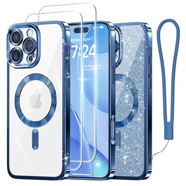 Meifigno Designed for iPhone 16 Pro Max Case 69 Glitter Card Wrist Strap Compatible with MagSafe 2X Screen Protectors Surround Lens Protection Designed for 16 ProMax Case Deep Blue