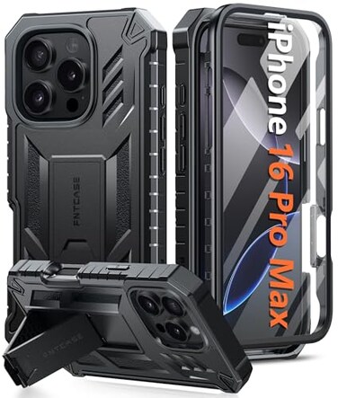 FNTCASE for iPhone 16 Pro Max Case Military Grade Builtin Screen Protector Kickstand Matte Textured Drop Proof Protection Cover Rugged Shockproof TPU Protective Sturdy Phone Cases Black