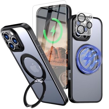 Bonkier for iPhone 16 Pro Case with Screen Protector Lens Protector 15 FT Military Drop Protection Magnetic Kickstand Compatible with MagSafe Slim Translucent Case Black