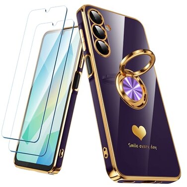 Nonional for Samsung Galaxy A16 5G Case with 2 Pack Screen Protector 360 Rotatable Ring Holder Luxury Hearts Pattern Plating Gold Edge Slim Soft Phone Cover Case for Galaxy A16 Purple