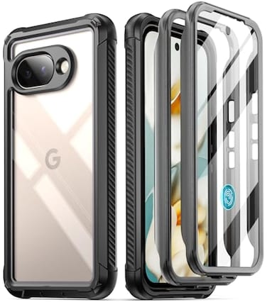 Poetic Guardian Case for Google Pixel 9A 5G 2025 Builtin Screen Protector Work with Fingerprint ID 2 Front Frame Wireless Charge Full Body Shockproof Rugged Clear Cover Case BlackClear