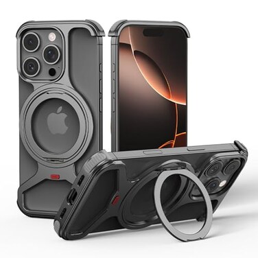 Jonwelsy Case for iPhone 16 Pro Max Aluminum Metal Cover with Magnetic Ring 360 Rotating Kickstand Slim Frameless Design 4 Corner Drop Protection Compatible with MagSafe Adjustable Phone Stand Black