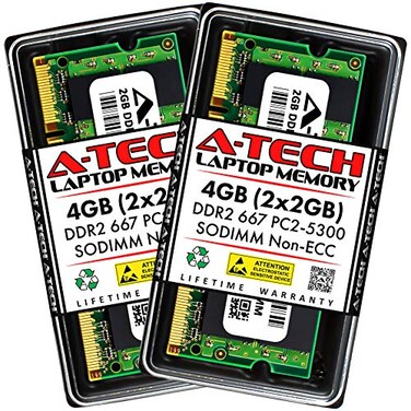 A-Tech ATech 4GB 2x2GB DDR2 667MHz SODIMM PC25300 18V CL5 200Pin NonECC Unbuffered Laptop RAM Memory Upgrade Kit
